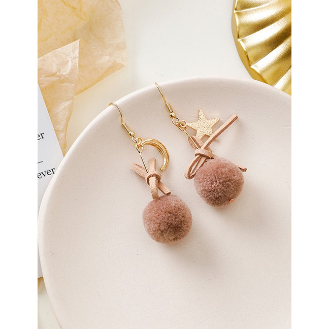 LRC Anting Gantung Fashion Pink Brown Plush Star Moon Bow Earrings D63759