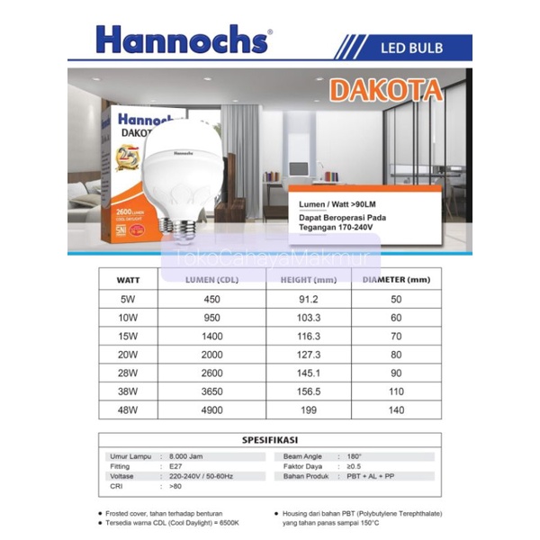 Lampu LED Bohlam Dakota 5w,10w,15w,20w,28w,38w,48w Hannochs CoolDayLight