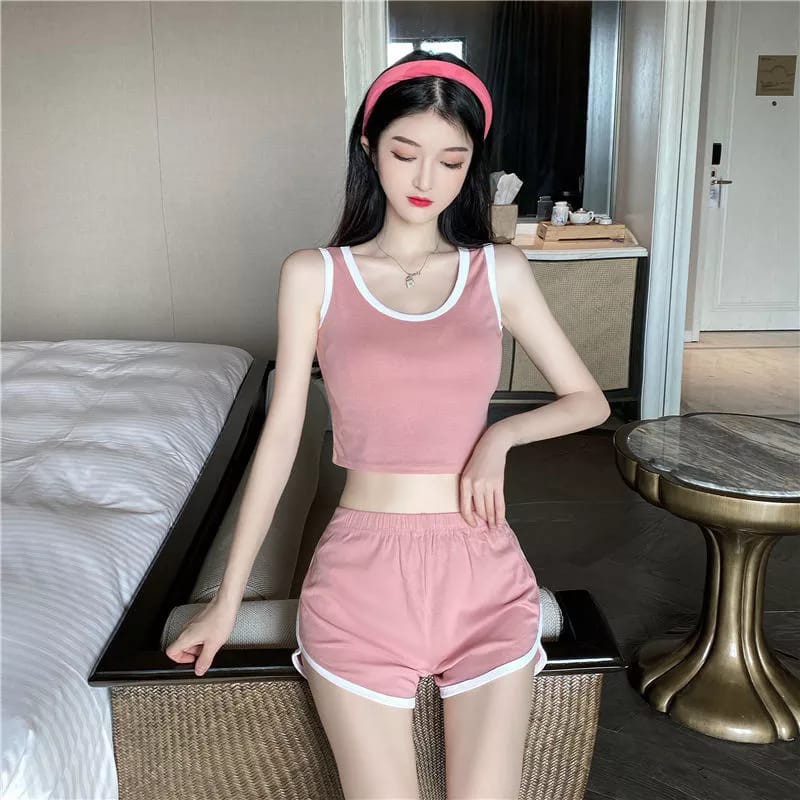 Vbras Offical Shop BR42 Pakaian Olahraga Sport Stelan Crop Top Sport Zumba Gym Yoga-PINK TUA