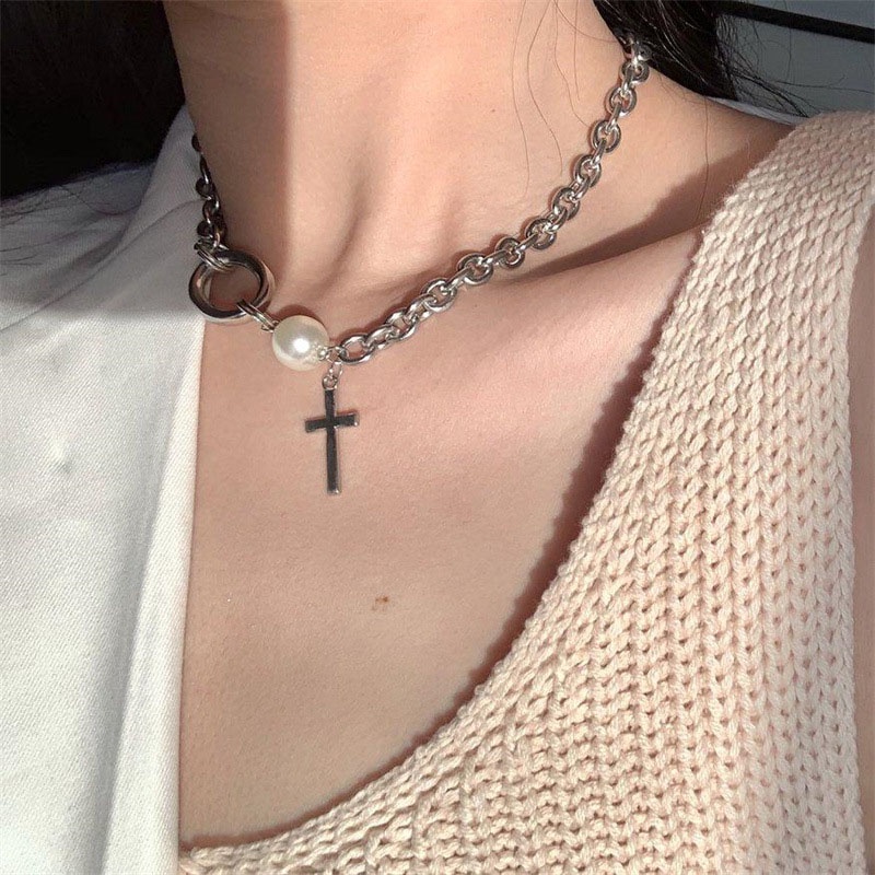 Korea Ins Cross Kalung Mutiara Clavicle Chain Aksesoris Fashion Wanita