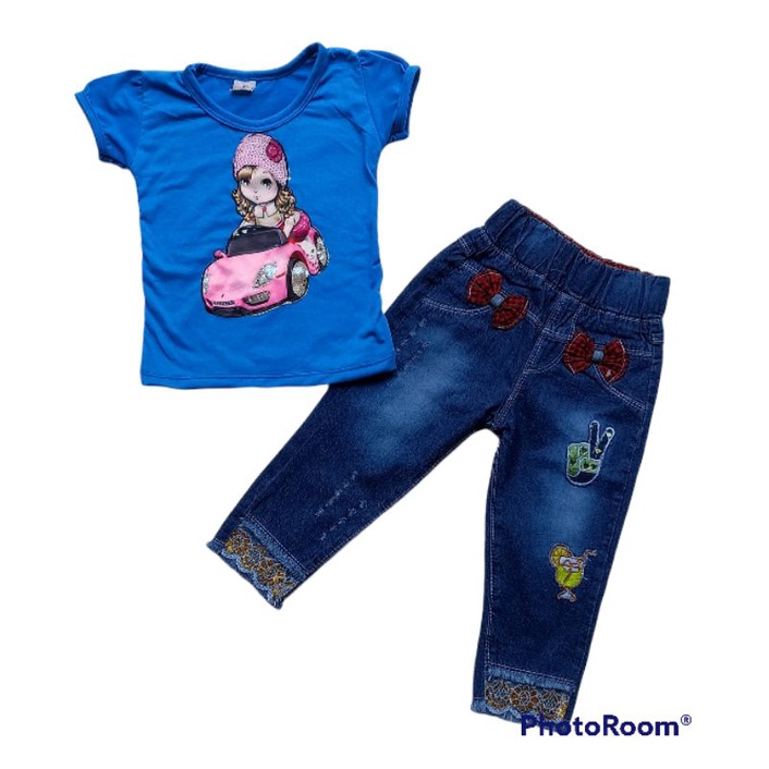 stelan anak perempuan motif kartun lucu lucu Random stelan kaos &amp; jeans anak atasan bawahan anak anak mutah