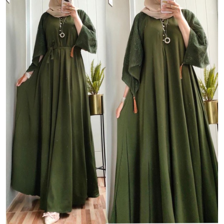 lUNA DRESS BAHAN SHAKILA TANGAN KOMBI BRUKAT WARNA ARMY