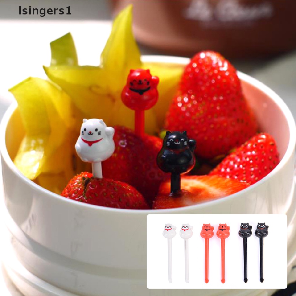 (lsingers1) 6pcs / Set Tusukan Buah / Dessert / Kue Bentuk Kucing Keberuntungan Mini Untuk Anak