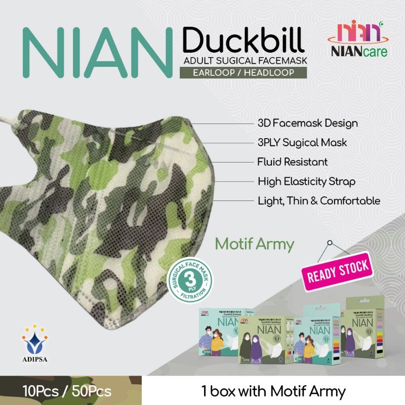 Masker Medis Nian Care Duckbill Hijab Headloop - MOTIF ARMY