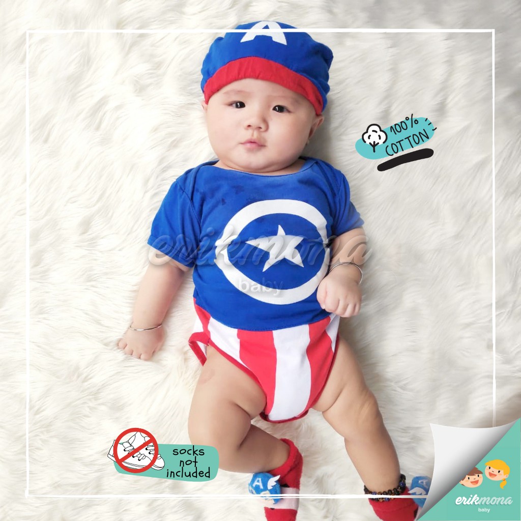Ermon Baby - Jumper Bayi Laki Laki Jumper Baby Cowok Lucu Karakter Superhero Captain Amerika + Topi Usia 0 - 12 Bulan