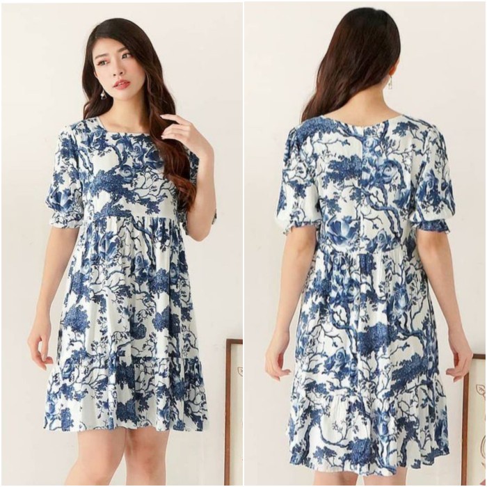 wanita-batik-dress- midi dress batik rayon premium + bonus - biru -dress-batik-wanita.