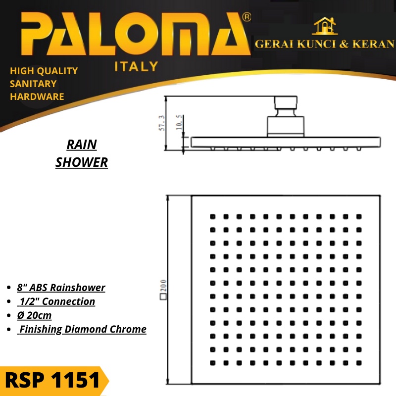 KEPALA RAIN SHOWER MANDI KOTAK 8 INCH RSP 1151 ABS CHROME