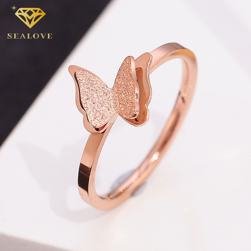 Cincin Titanium Wanita Anti Karat Asli dan anti luntur Premium Kupu-kupu Korea Aksesoris Wanita