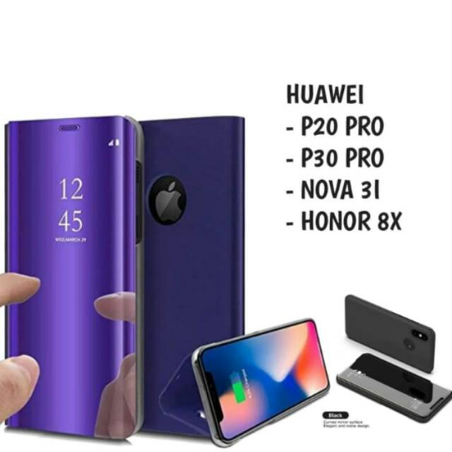 CASE FLIP COVER MIROR KACA/CASING CLEAR VIEW STANDING HUAWEI P20/P30 NOVA 3I HONOR 8X