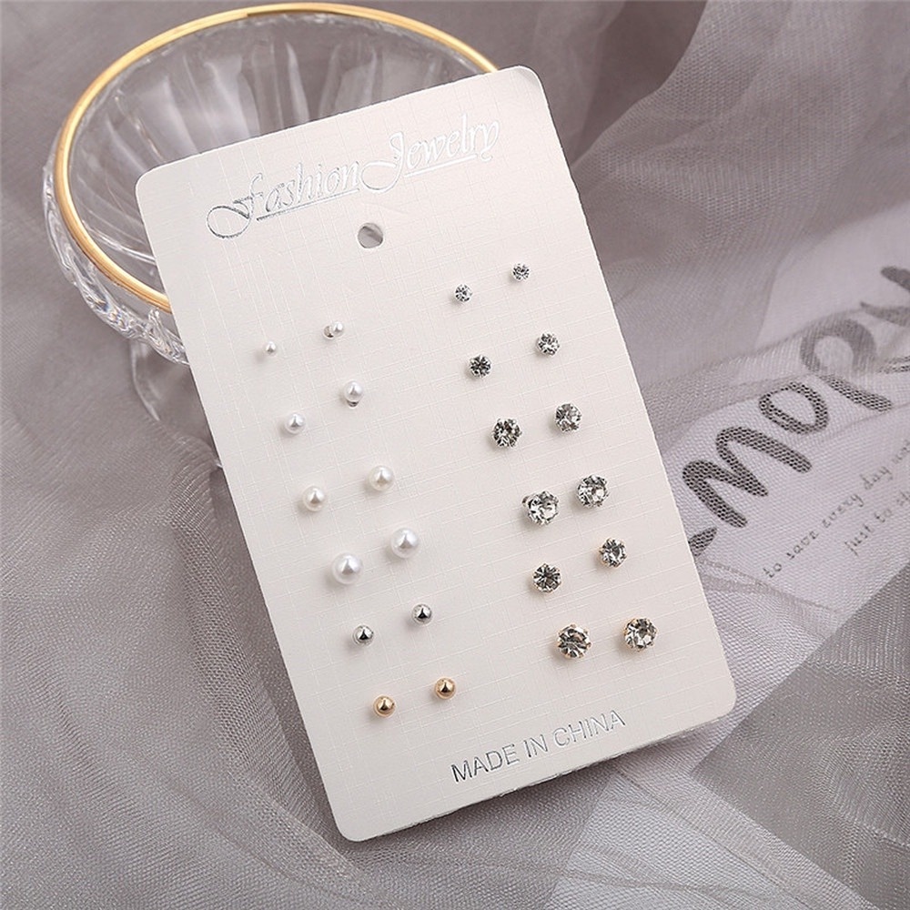 12 Pasang / Set Anting Tusuk Desain Bola Mutiara Berlian Kecil Warna Emas / Silver Untuk Wanita