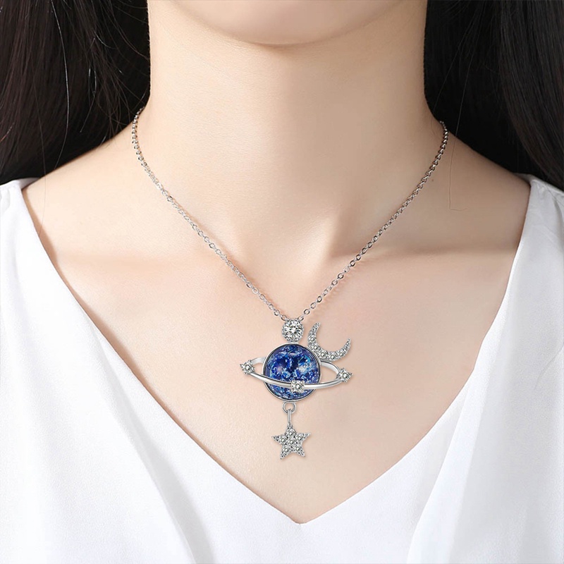 Fancyqube Kalung Sterling Silver 925 Hias Liontin Kristal Zirconia Bentuk Bulan Bintang Planet Biru Untuk Wanita