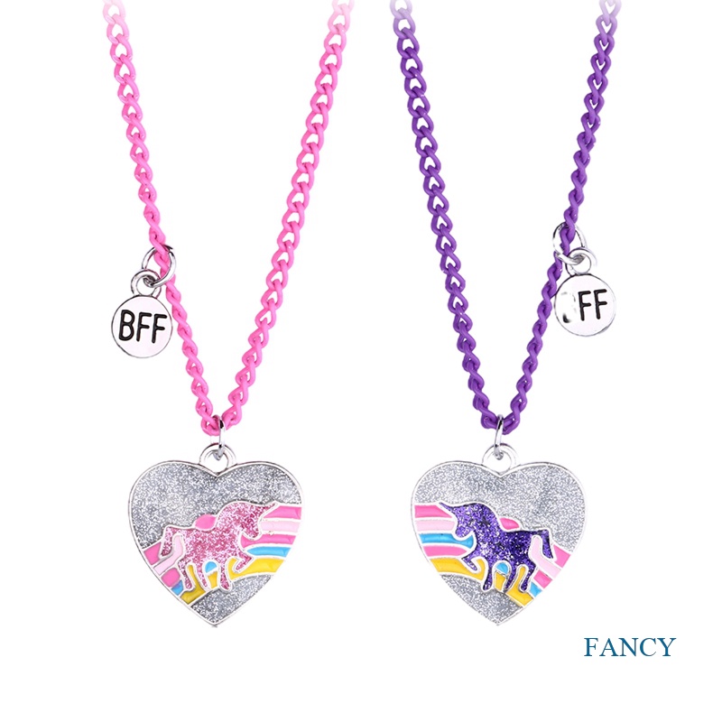 2pcs / Set Kalung Rantai Liontin Hati Unicorn Warna-Warni Untuk Wanita