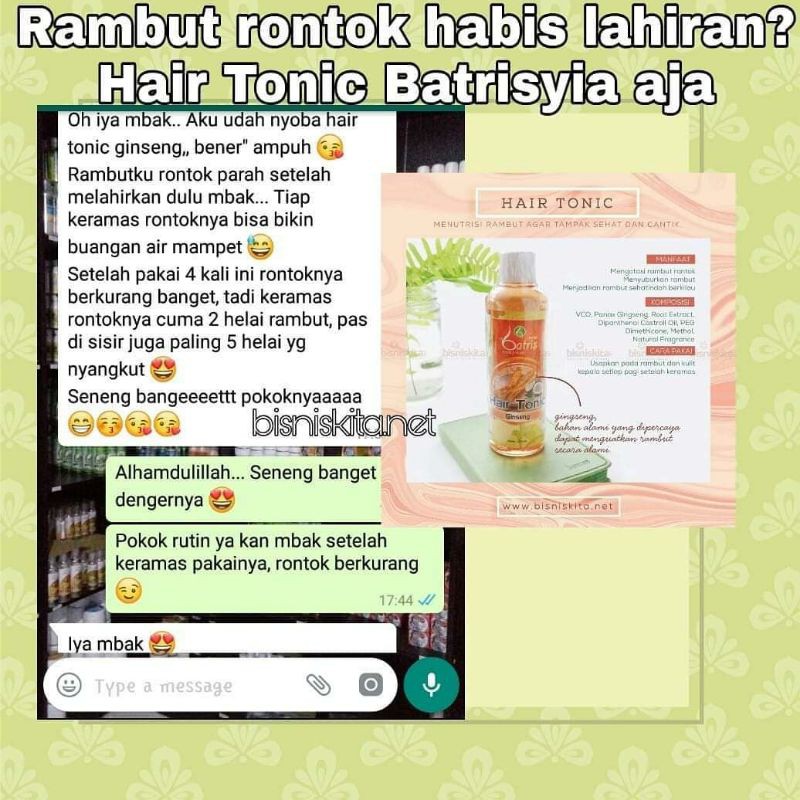 HAIR TONIC BATRISYIA/AMPUH UNTUK RAMBUT RONTOK MEMPERKUAT AKAR RAMBUT/ MENGURANGI KETOMBE