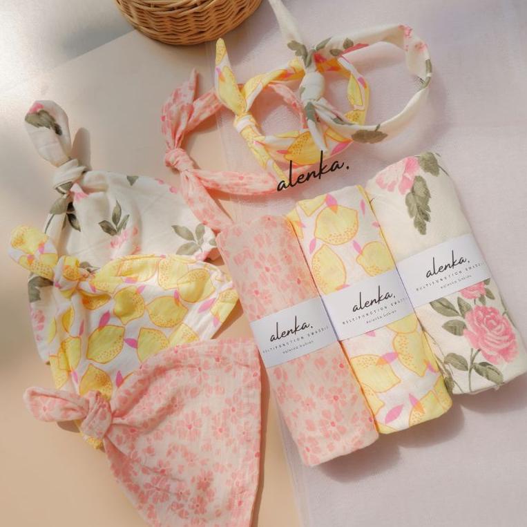 D0S1 Alenka - Swaddle, Headband & Hat Set (Read Description) / Bedong Bayi Motif Non Ian QWS