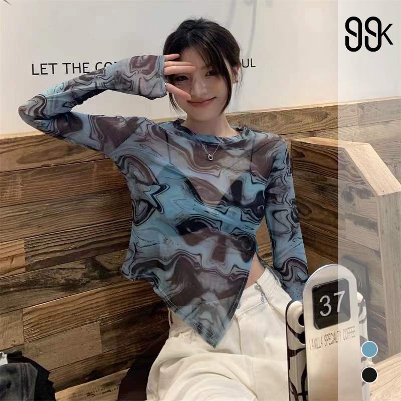 Korean Summer Transparent Side Slit Anti UV Long Sleeve Tulle / Atasan Wanita Lengan Panjang Asimetris 2546