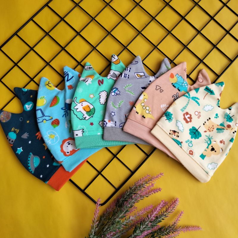 set topi sarung tangan kaki bayi printing