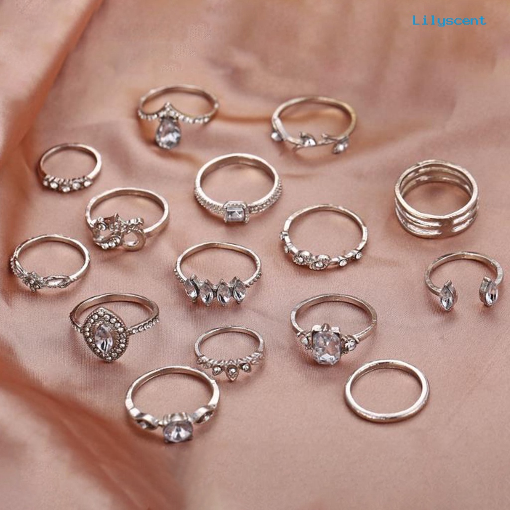 Ls 15Pcs / Set Cincin Susun Gaya Bohemia Hias Berlian Imitasi Untuk Wanita