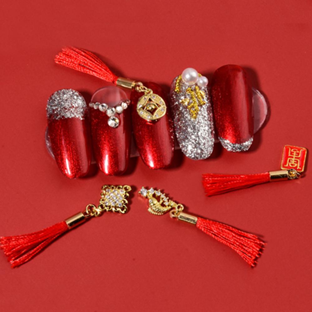 AUGUSTINA Agustina 3D Kuku Berlian Imitasi DIY Zirkon Merah Rumbai Manikur Kristal Simpul Cina