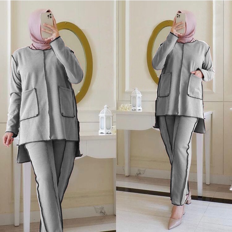 PAKAIAN FASHION MUSLIM WANITA SETELAN CELANA SET POLOS MIANE TERBARU DMR