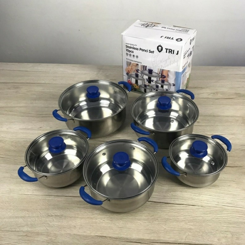 Stainless Panci Set 10 Pcs Plus Tutup Kaca Tri J - Biru