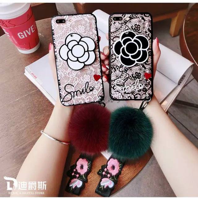 Oppo F7 youth / A3 / realme one - Fuze case renda + mirror + gantungan tali pom pom flower