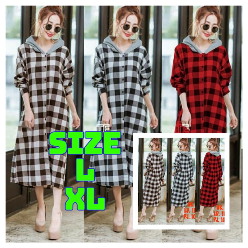 4 UKURAN L XL XXL XXXL LONG HOODIE KOTAK RISA MAXI DRESS FASHION KOREAN STYLE DRES KOTAK WANITA OUTE