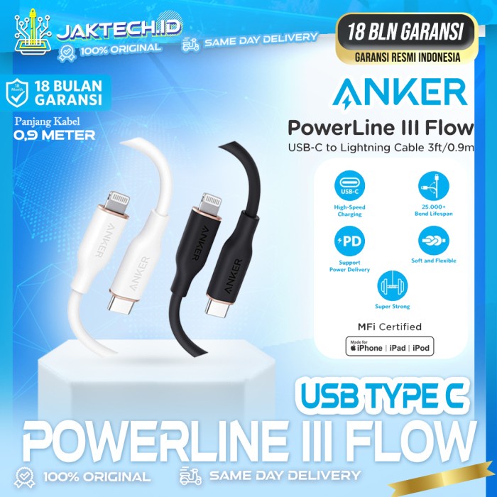 Kabel Charger Anker Powerline III Flow Type C to Lightning 3ft/6ft - 3ft