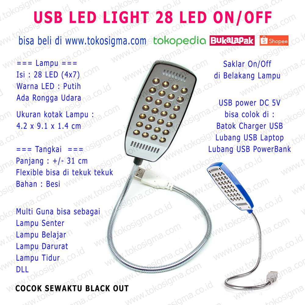 USB LED LIGHT LAMPU SENTER SOROT TIDUR BACA BELAJAR LAMP 28 SAKLAR