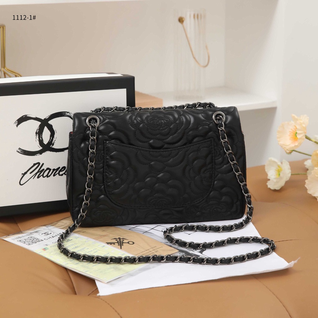 Ch Black Camellia-1112-1 Embossed Lambskin Classic Medium Double Flap Bag in Black-Silver