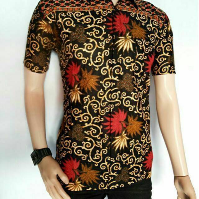 Lengan pendek . Batik motif ulir , bunga . Kemeja batik pendek pria termurah