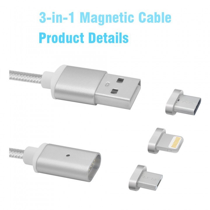 USB Nylon Magnetic 2.4A Fast Charging Data Cable 3 in 1 with LED Indicator