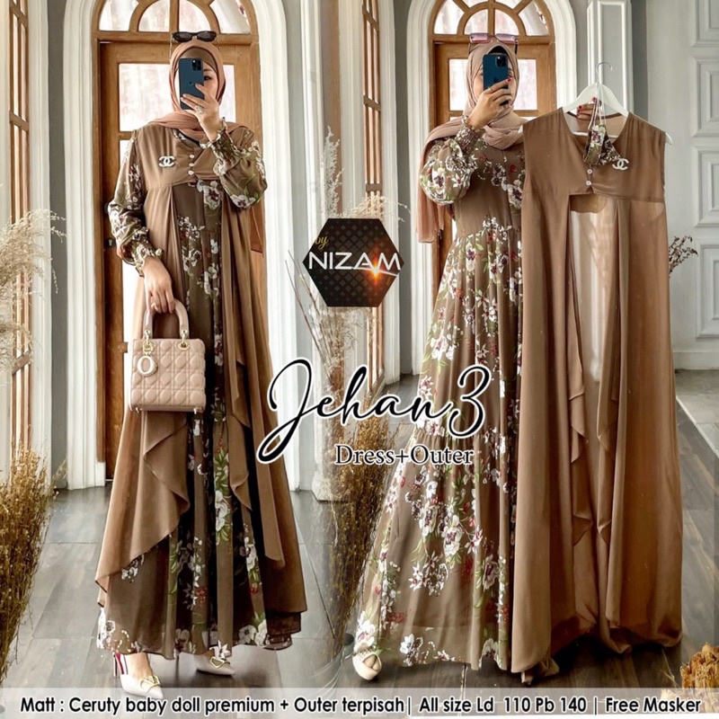 JEHAN DRESS SET >> BAJU SET GAMIS DAN OUTER TERBARU >> GAMIS HIJAB BEST SELLER >>DRESS CERUTY BABYDO