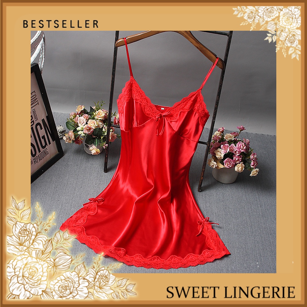 Lingeri Lingerie Set Baju Gaun G String Underware Tidur Wanita Dewasa Sexy Seksi Hot Satin Premium Lingerie Sexy Renda  Baju Tidur Sexy Dress Wanita Dewasa Lingerie Jumbo Setelan Wanita Baju Dinas Depan Suami Sleepwear Gstring Baju haram  Termurah Baju-Merah
