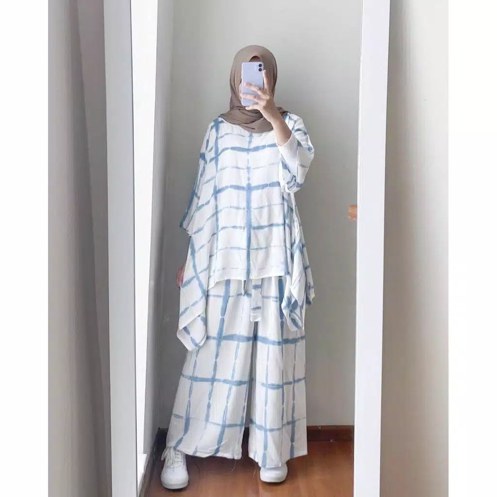 One Set Tie Dye Batik Kotak Biru Setelan Shibori Daily Home Set Rayon Kekinian Hits Gaul