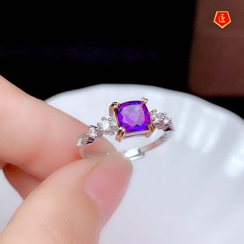 [Ready Stock]Elegant Creative Amethyst Square Diamond Ring for Women