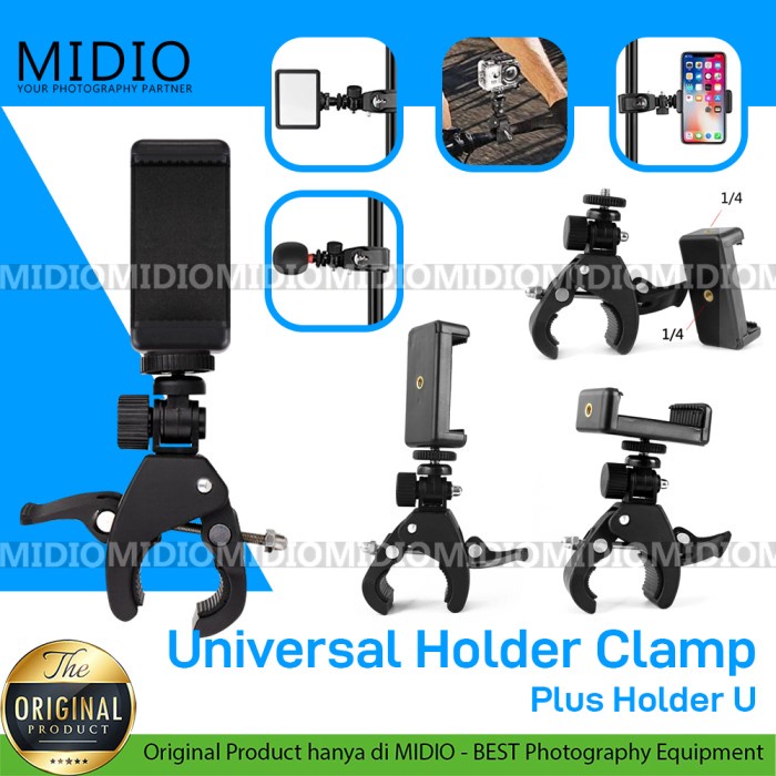 Kamera-Aksesoris- Midio Universal Clamp Dengan Holder Handphone Untuk Tripod Stand Mobil -Aksesoris-