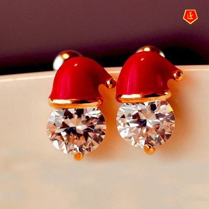 [Ready Stock]Inlaid Moissanite Santa Claus Hat Earrings Cute