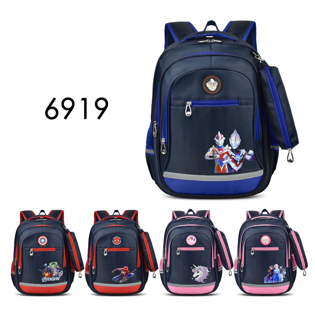 Tas Cartoon 6919 Ransel Anak Laki-Laki &amp; Perempuan Sekolah Cartoon Motif Avengers,Frozen,Spiderman,Ultraman,Unicorn FREE Kotak Pensil