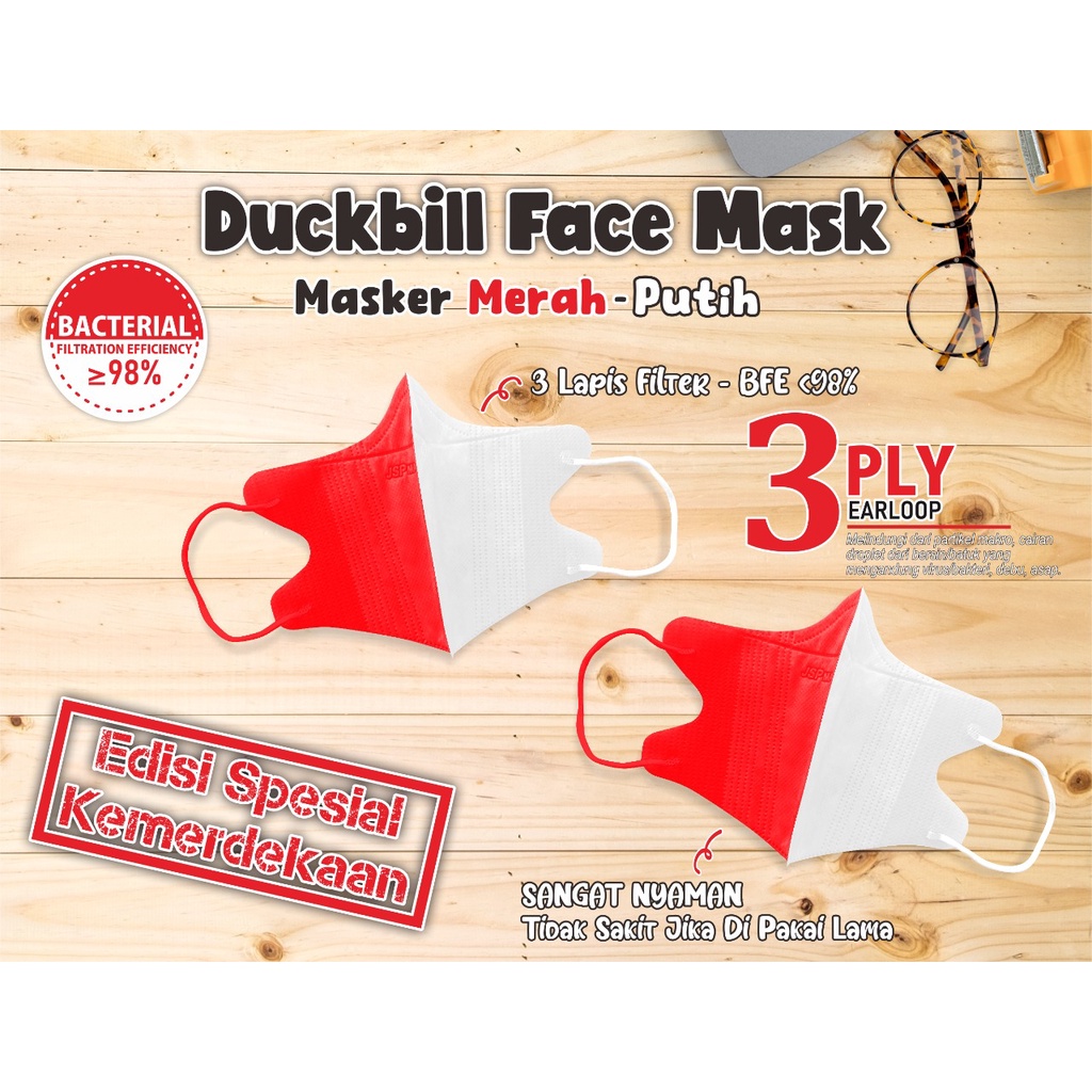 Masker Medis JSP/ Masker  Duckbill JSP Isi 50 FREE 5 KONEKTOR SM11/MASKER MERAH PUTIH/MASKER SRIES KEMERDEKAAN