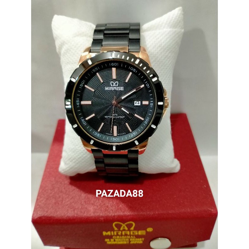 MIRAGE 8549BRP-M/JAM TANGAN PRIA STRAP RANTAI HITAM STAINLESS STEEL WATER RESISTANT