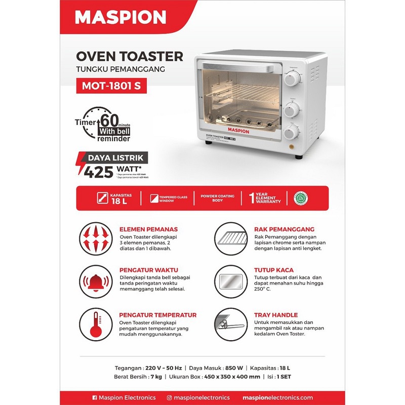 Maspion MOT 1801 S Tungku Pemanggang Oven Toaster 18 Liter