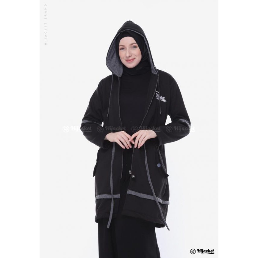 100% ORIGINAL - Jaket Sweater Wanita Muslimah Hijaber - Hijacket Aurelia - Panjang Hijabers Syari-Jet Black
