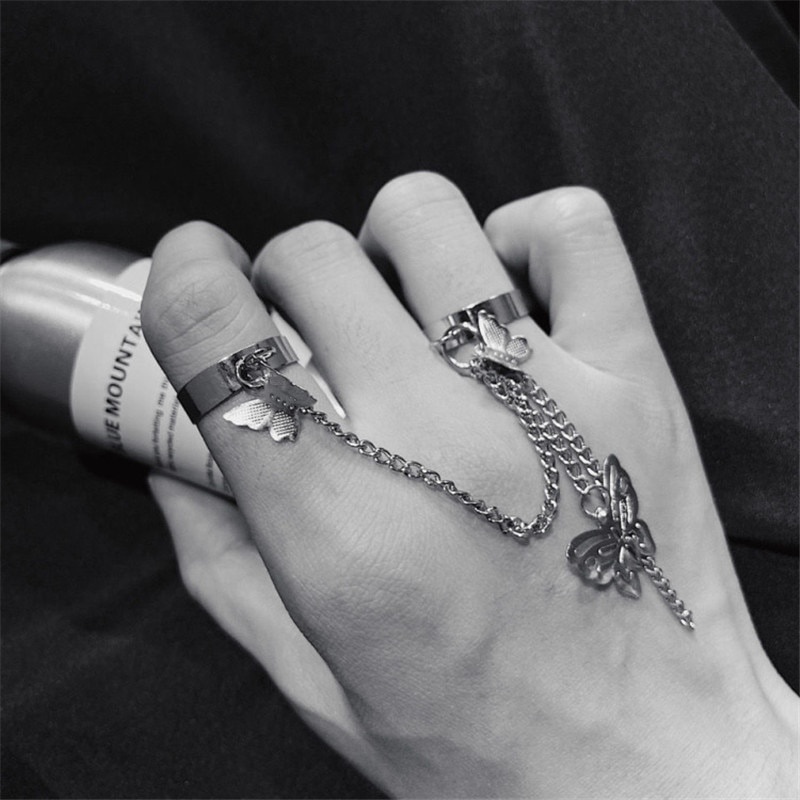 Hip-hop Dark Wind Butterfly Chain Ring Tassel Set Opening Adjustable Ring Punk Style Personality Ring