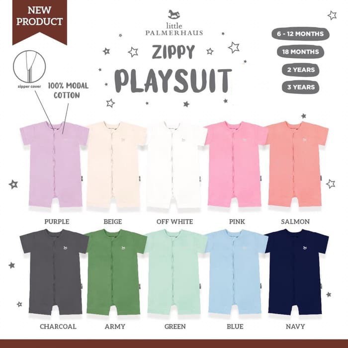 Baju Jumper Jumpsuit Bayi /Pakaian Romper Anak 6 Bulan - 3 Tahun Pakaian Tidur Bayi Palmerhaus Zippy Playsuit Warna Polos