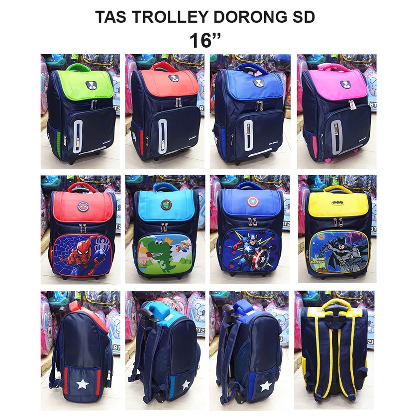 TAS TROLLEY DORONG ANAK SEKOLAH SD ( 16&quot; )LAKI LAKI PANDA POLOS + PANDA DINO KARAKTER SUPER JAGOAN BINTANG KAIN NYLON IMPORT ( PANDA 16inch SD )