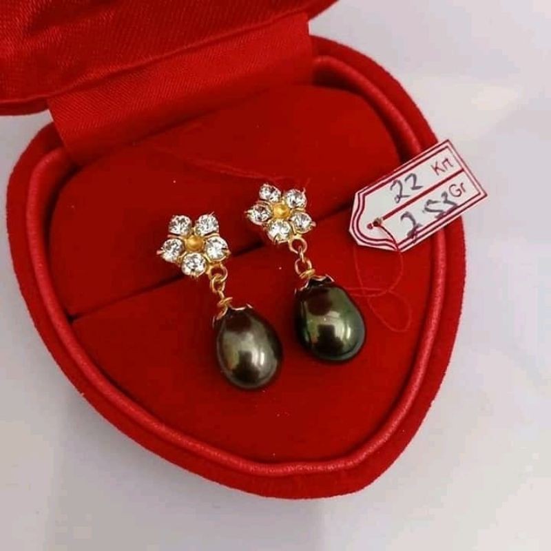 Giwang emas 22 karat mutiara air laut|emas mutiara laut hitam GRADE A|giwang tusuk mutiara lombok