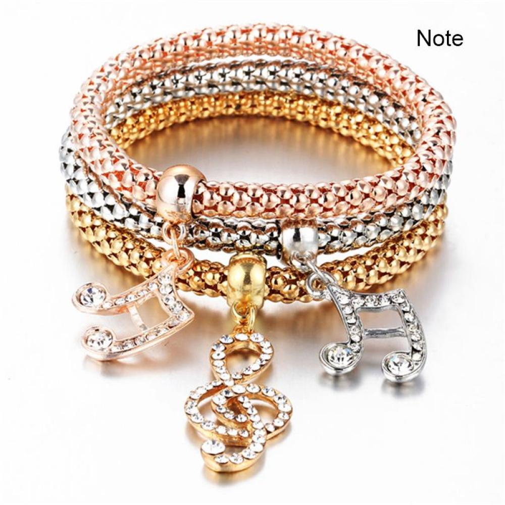 Timekey 3pcs / Set Gelang Tangan Elastis Banyak Lapis Aksen Kupu-Kupu / Kunci / Hati / Kunci / Kristal Untuk Wanita L2R9