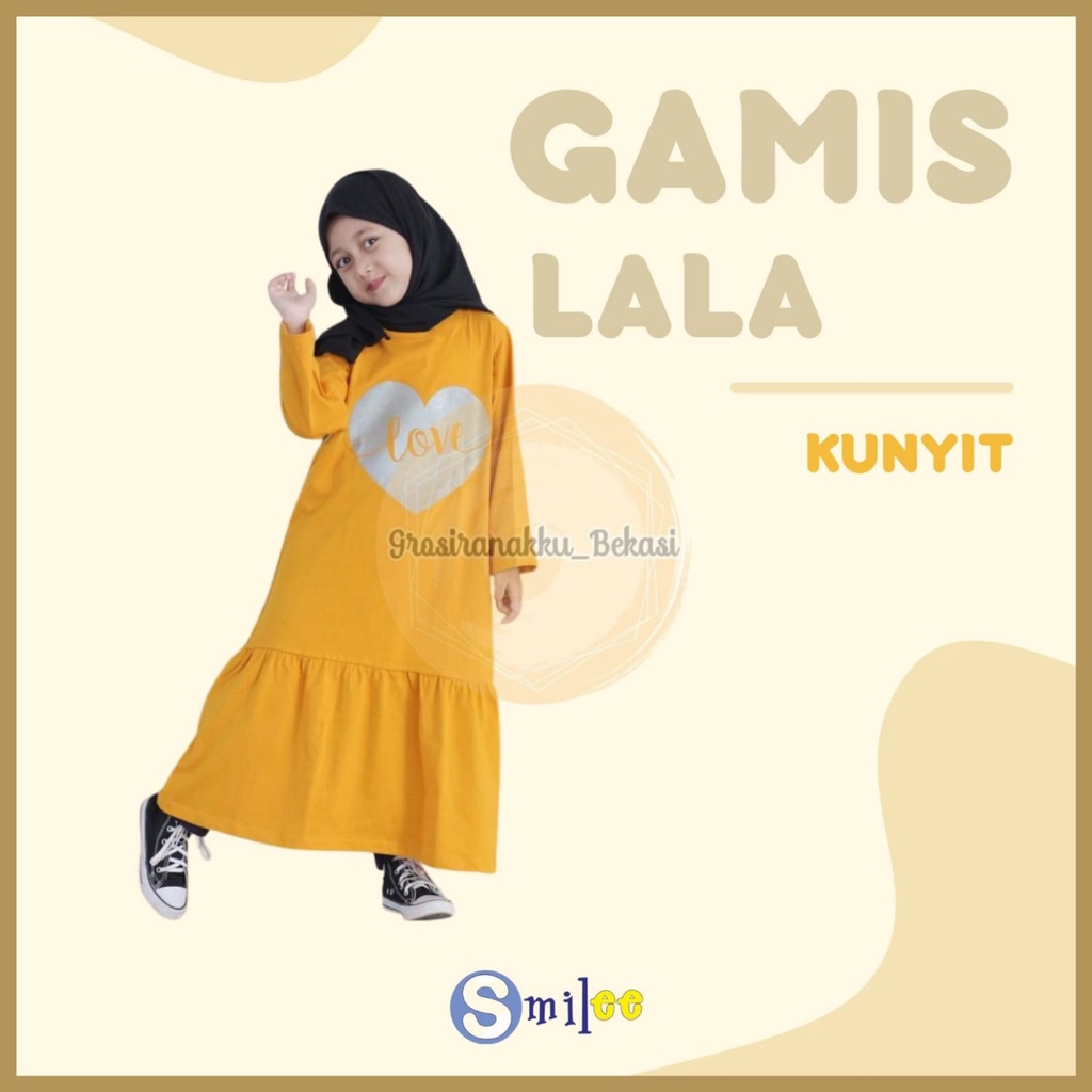 Gamis Kaos Anak Lala Warna Kuning Kunyit Size 2-8Tahun Free Masker