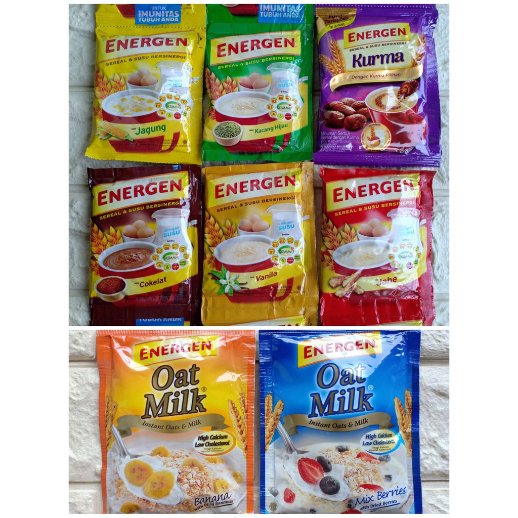 Energen Sachet Sereal Susu Telur Sarapan Instant Instan Champion 4in1 Coklat Cokelat Vanilla Vanila Jahe Kurma Jagung Kacang Hijau