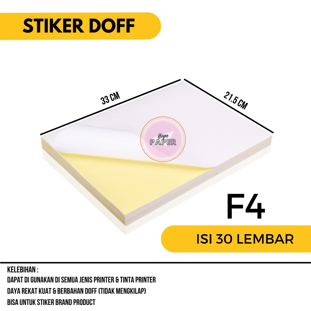 Kertas Stiker F4 isi 30 lembar / Kertas Stiker HVS F4 / Kertas Stiker Doff / Kertas Sticker F4